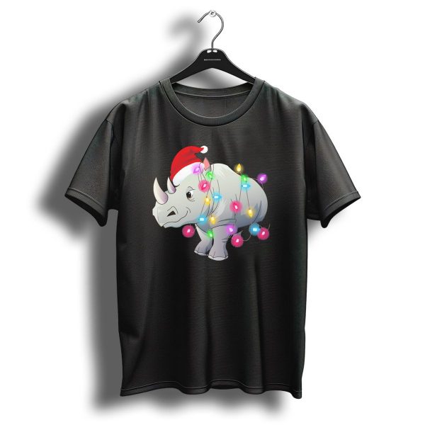 Santa Hat Rhino Wrapped In Colorful Christmas Lights T Shirt 1 t shirt 1