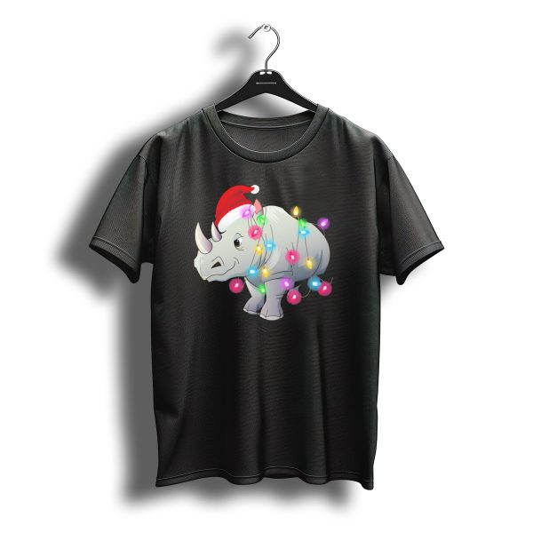 Santa Hat Rhino Wrapped In Colorful Christmas Lights T Shirt t shirt 1