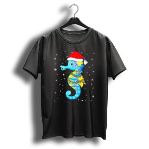 Santa Hat Seahorse With Christmas Lights And Snowflakes T Shirt