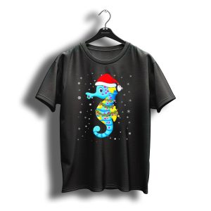 Santa Hat Seahorse With Christmas Lights And Snowflakes T-Shirt