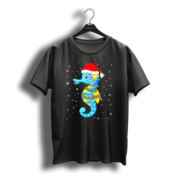Santa Hat Seahorse With Christmas Lights And Snowflakes T Shirt t shirt 1
