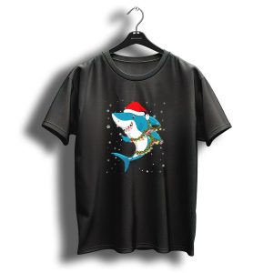 Santa Hat Shark With Christmas Lights And Snowflakes T Shirt