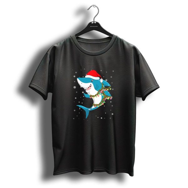 Santa Hat Shark With Christmas Lights And Snowflakes T Shirt 1 t shirt 1