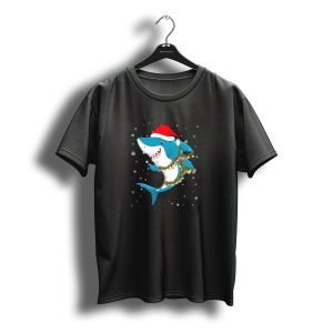 Santa Hat Shark With Christmas Lights And Snowflakes T-Shirt