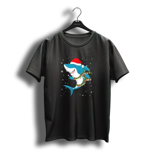 Santa Hat Shark With Christmas Lights And Snowflakes T Shirt t shirt 1