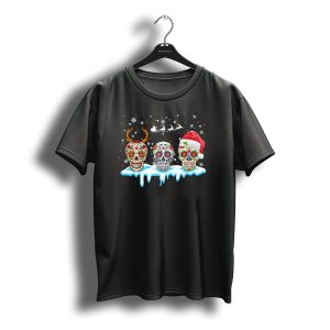 Santa Hat Skull Christmas Deer Sleigh Reindeer Snowflakes T-Shirt