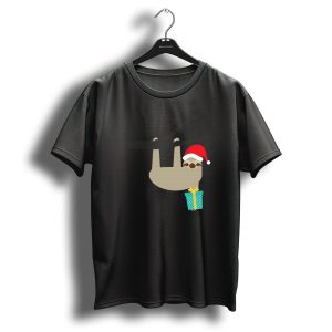 Santa Hat Sloth With Gift Hanging Holiday Christmas T Shirt