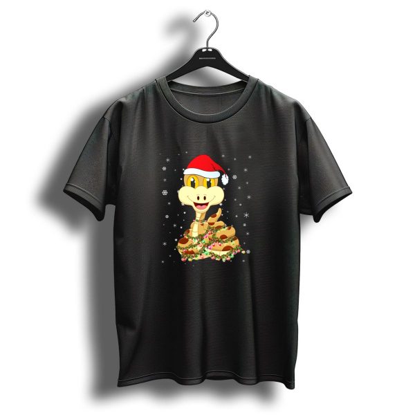 Santa Hat Snake Wrapped In Christmas Lights And Snowflakes T Shirt 1 t shirt 1
