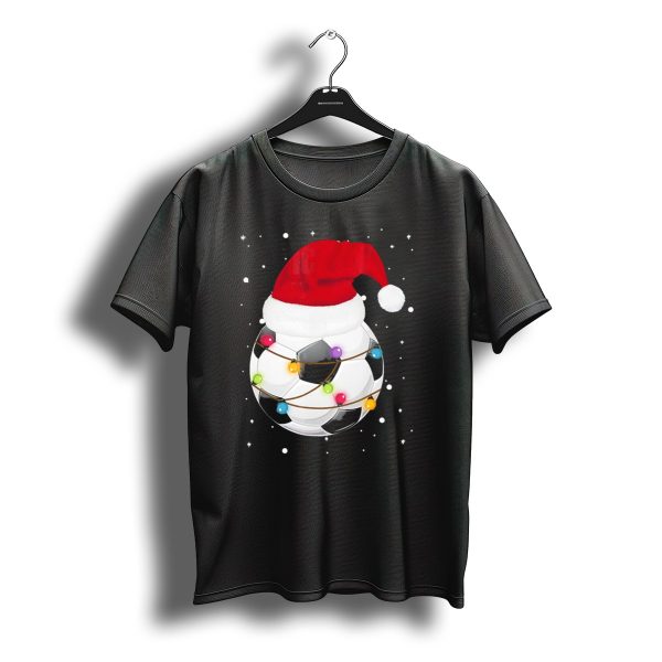 Santa Hat Soccer Ball Wrapped In Christmas Lights With Falling Snow T Shirt t shirt 1