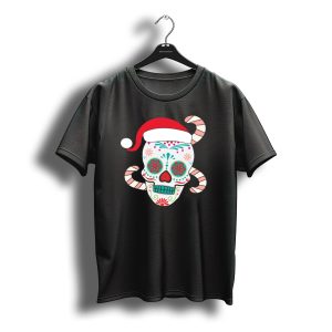 Santa Hat Sugar Skull With Candy Canes Christmas T-Shirt