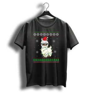 Santa Hat Sunglasses Llama Wrapped In Christmas Lights With Snowflakes And Trees T Shirt