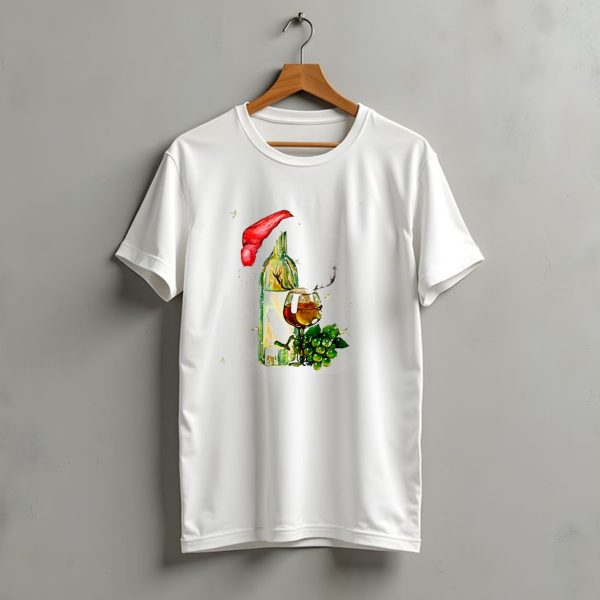 Santa Hat Wine Bottle With Antler Glass Christmas Grapes And Stars T Shirt t shirt 1