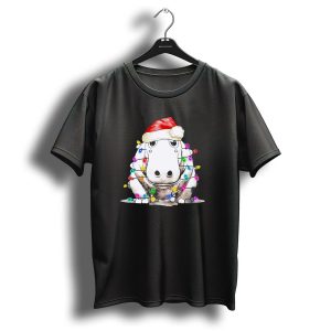 Santa Hippo Wrapped In Christmas Lights With Santa Hat T Shirt