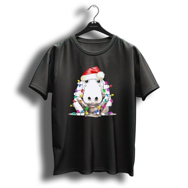 Santa Hippo Wrapped In Christmas Lights With Santa Hat T Shirt 1 t shirt 1