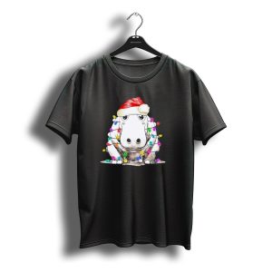 Santa Hippo Wrapped In Christmas Lights With Santa Hat T-Shirt