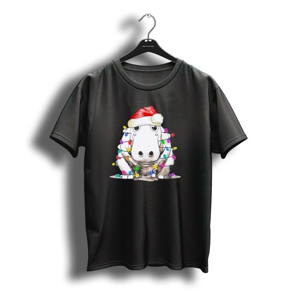 Santa Hippo Wrapped In Christmas Lights With Santa Hat T Shirt t shirt 1