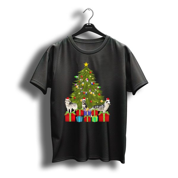 Santa Husky Under Christmas Tree With Lights And Gifts T Shirt t shirt 1