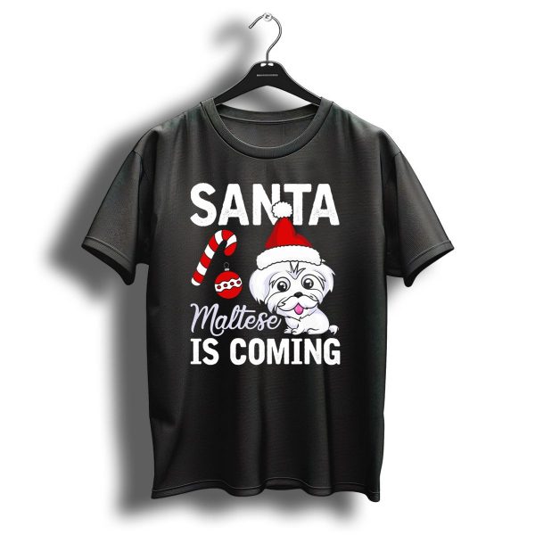 Santa Maltese Is Coming Christmas Puppy Santa Hat Candy Cane T Shirt 1 t shirt 1