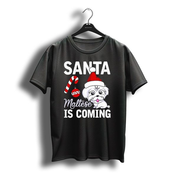 Santa Maltese Is Coming Christmas Puppy Santa Hat Candy Cane T Shirt t shirt 1