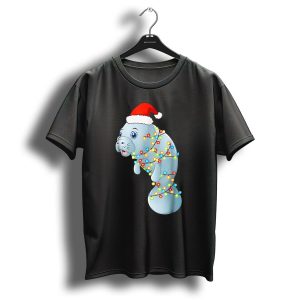 Santa Manatee Wrapped In Christmas Lights Holiday Mana T Shirt