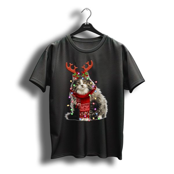 Santa Norwegian Forest Cat Reindeer Antlers Christmas Lights T Shirt t shirt 1