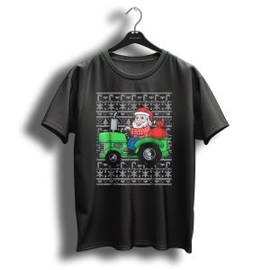 Santa On Green Tractor With Christmas Sack In T Shirt 1
