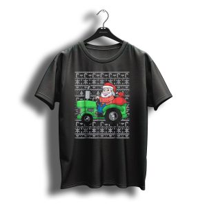 Santa On Green Tractor With Christmas Sack In T-Shirt