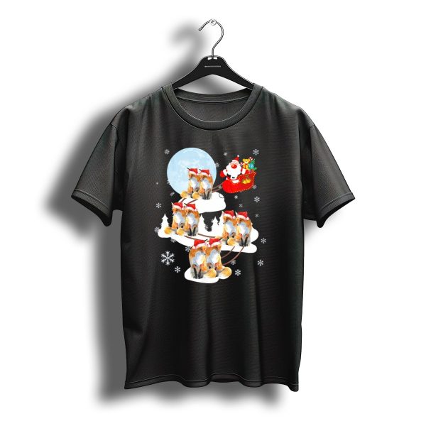 Santa On Sleigh Pulled By Foxes In Christmas Night Scene T Shirt t shirt 1