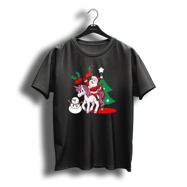 Santa On Unicorn With Christmas Tree And Snowman Scene T Shirt t shirt 1