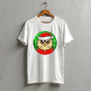 Santa Owl Cartoon Christmas Green Santa Hat Snowflakes T-Shirt