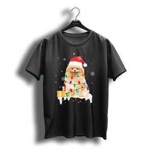 Santa Pomeranian With Christmas Lights And Snowflakes T-Shirt