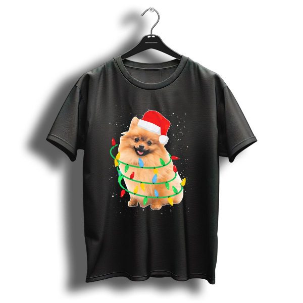 Santa Pomeranian Wrapped In Colorful Christmas Lights T Shirt 1 t shirt 1