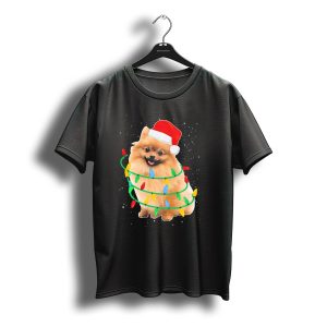 Santa Pomeranian Wrapped In Colorful Christmas Lights T-Shirt