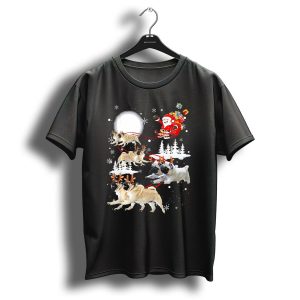Santa Pug Reindeer Sleigh Flying Past Moon Christmas Scene T Shirt
