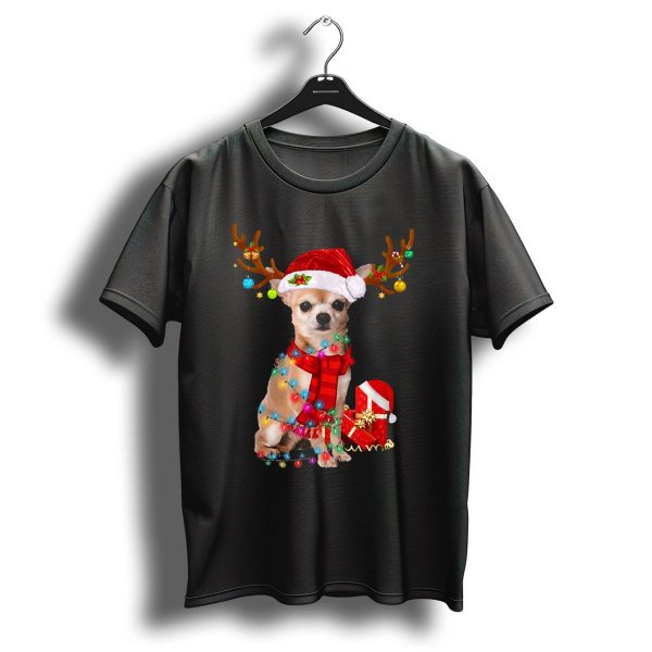 Santa Reindeer Antlers Chihuahua Christmas Lights T Shirt 1 t shirt 1