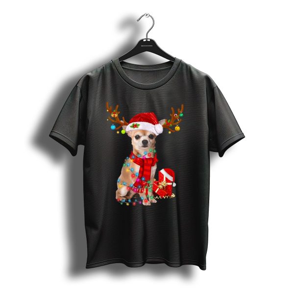 Santa Reindeer Antlers Chihuahua Christmas Lights T Shirt t shirt 1