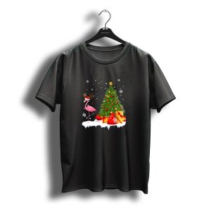 Santa Reindeer Flamingo Christmas Tree With Gifts And Snowflakes T-Shirt