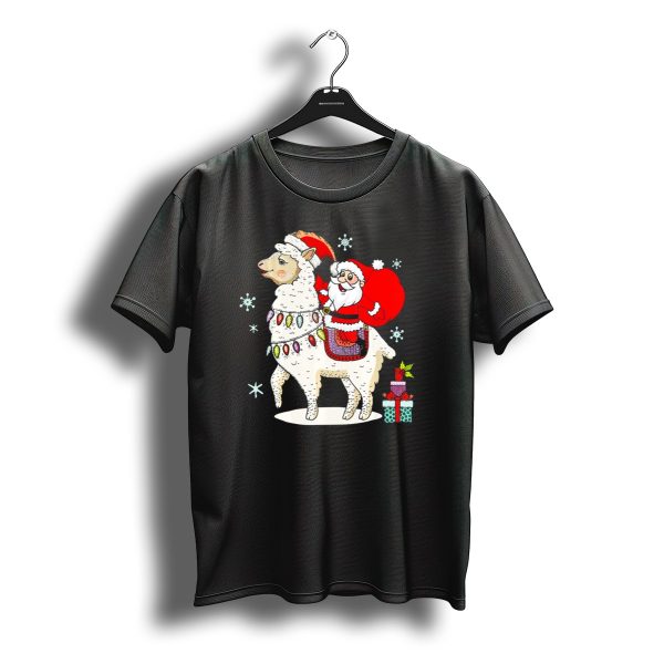 Santa Riding Christmas Llama With Lights And Gifts T Shirt t shirt 1