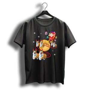 Santa Riding Corgi Reindeer Moon Sleigh Festive Christmas T Shirt