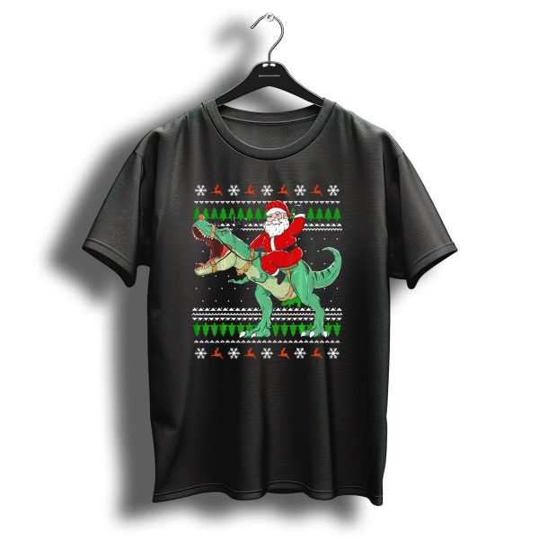 Santa Riding Dino Ugly Christmas Sweater With Snowflakes And Reindeer T Shirt 1 t shirt 1