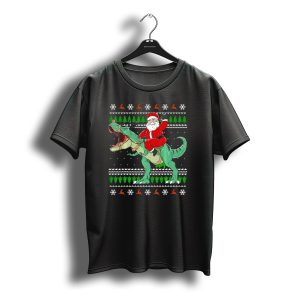 Santa Riding Dino Ugly Christmas Sweater With Snowflakes And Reindeer T-Shirt