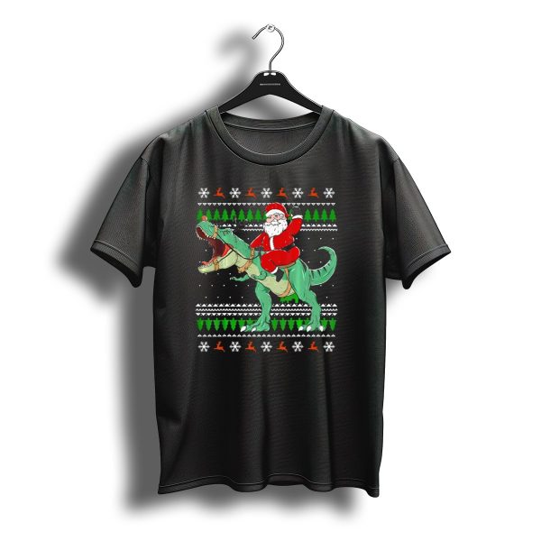 Santa Riding Dino Ugly Christmas Sweater With Snowflakes And Reindeer T Shirt t shirt 1
