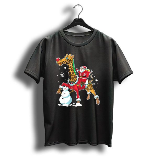 Santa Riding Giraffe With Snowman And Christmas Lights T Shirt 1 t shirt 1