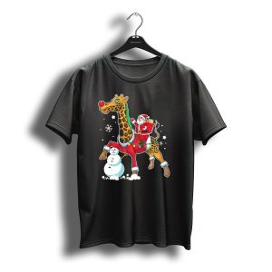 Santa Riding Giraffe With Snowman And Christmas Lights T-Shirt