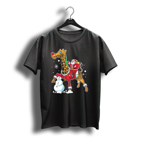 Santa Riding Giraffe With Snowman And Christmas Lights T Shirt t shirt 1