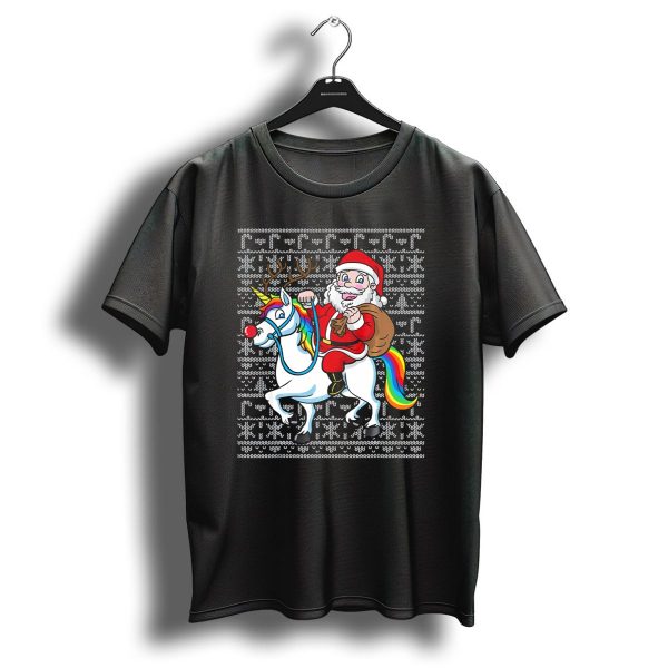 Santa Riding Reindeer Antlered Rainbow Unicorn On Christmas T Shirt 1 t shirt 1