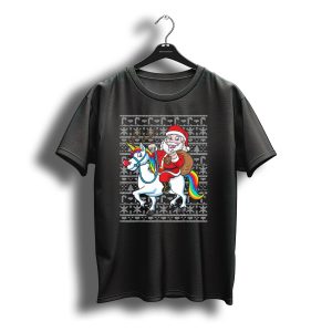 Santa Riding Reindeer Antlered Rainbow Unicorn On Christmas T-Shirt