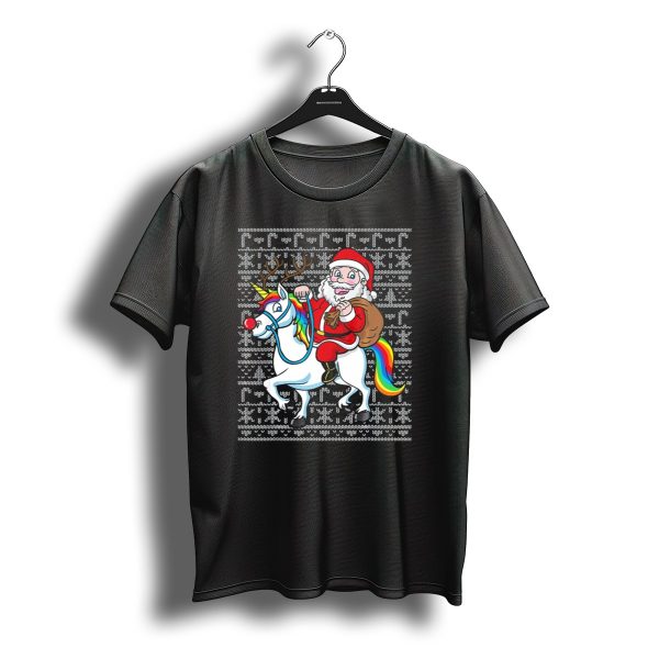 Santa Riding Reindeer Antlered Rainbow Unicorn On Christmas T Shirt t shirt 1