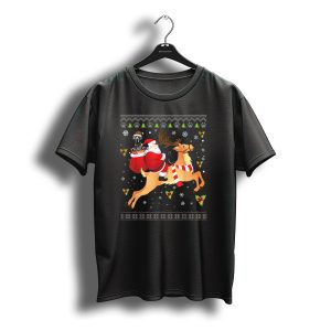 Santa Riding Reindeer With Great Dane In Christmas Presents Scene T-Shirt