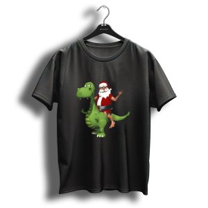 Santa Riding Rex Dinosaur Reindeer Christmas Holiday Fun T Shirt